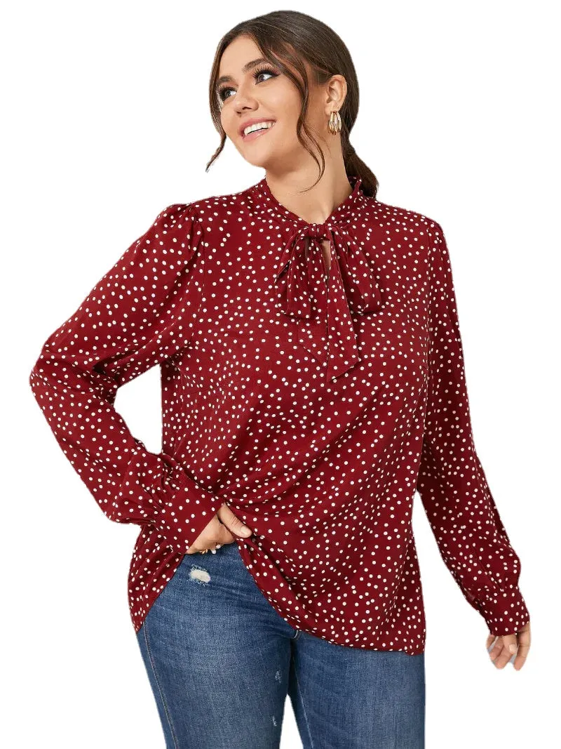 Plus Size Polka Dot Tie-up Design Long Sleeves Blouse