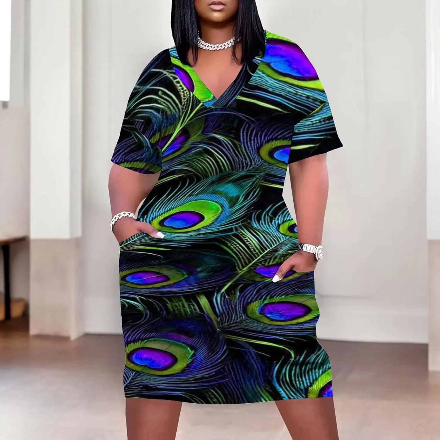 Plus Size Printed Tie-Dye Short Skirt for Curvy Women V Neck Bohemian Style Printed Short Skirt Short Sleeves Pockets