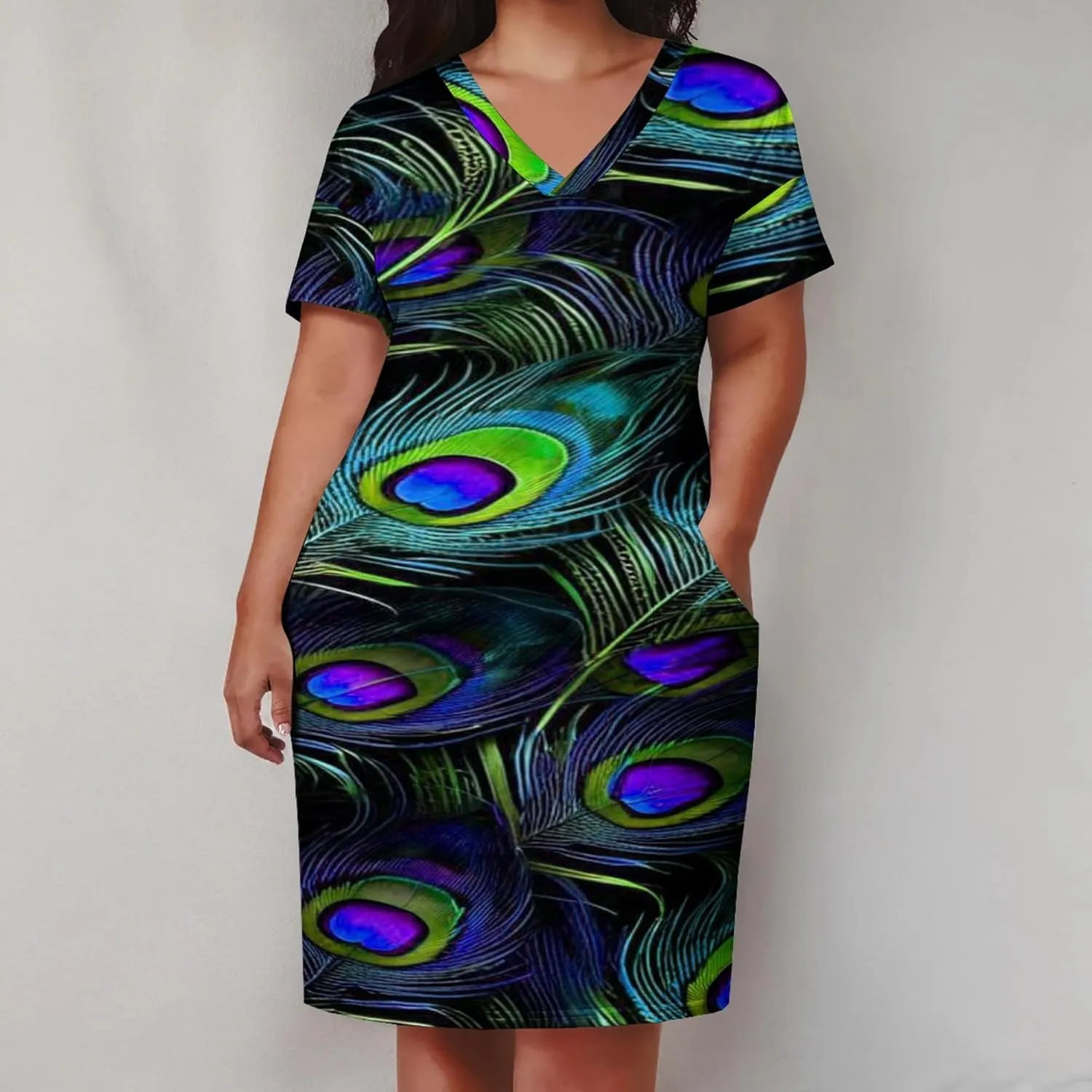 Plus Size Printed Tie-Dye Short Skirt for Curvy Women V Neck Bohemian Style Printed Short Skirt Short Sleeves Pockets