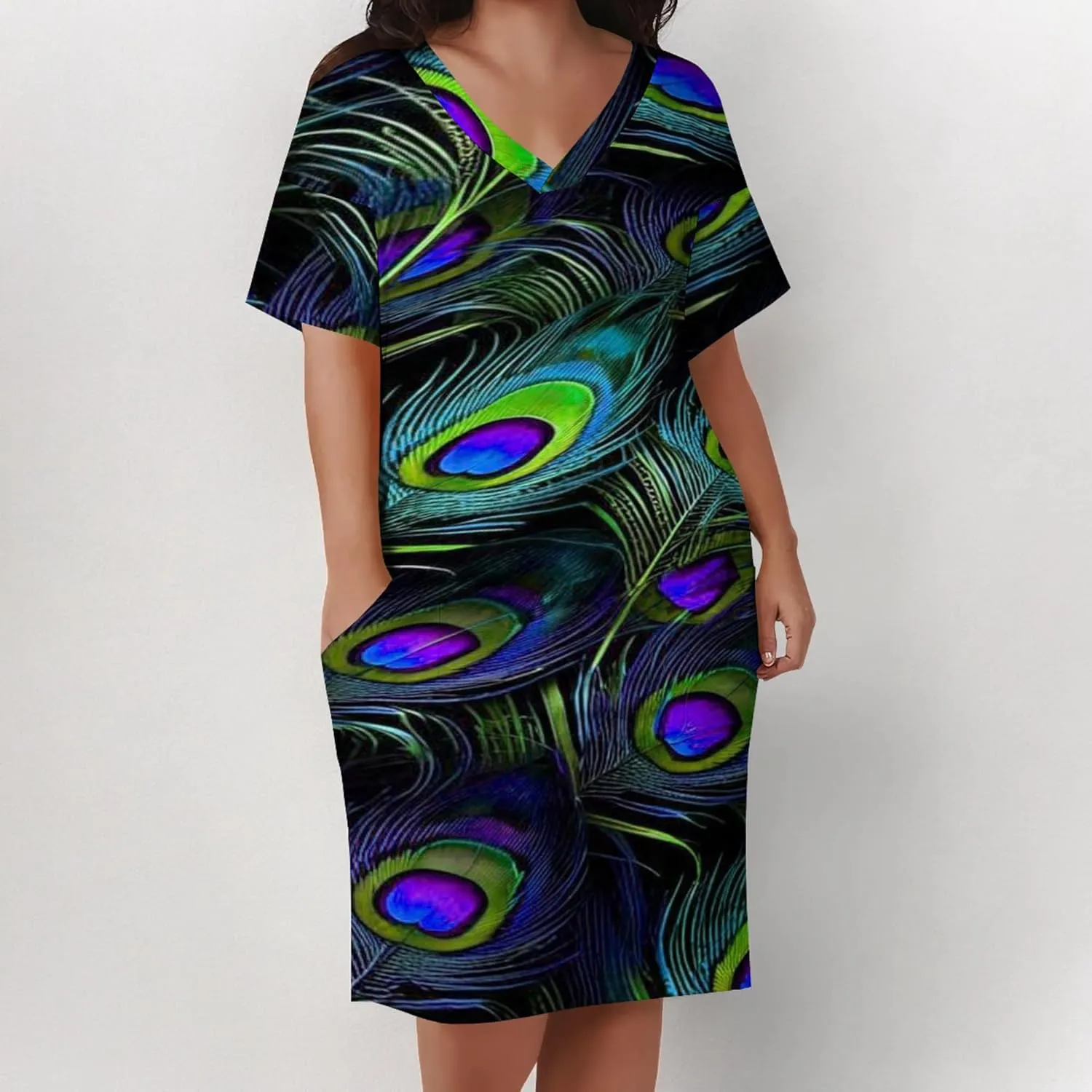 Plus Size Printed Tie-Dye Short Skirt for Curvy Women V Neck Bohemian Style Printed Short Skirt Short Sleeves Pockets