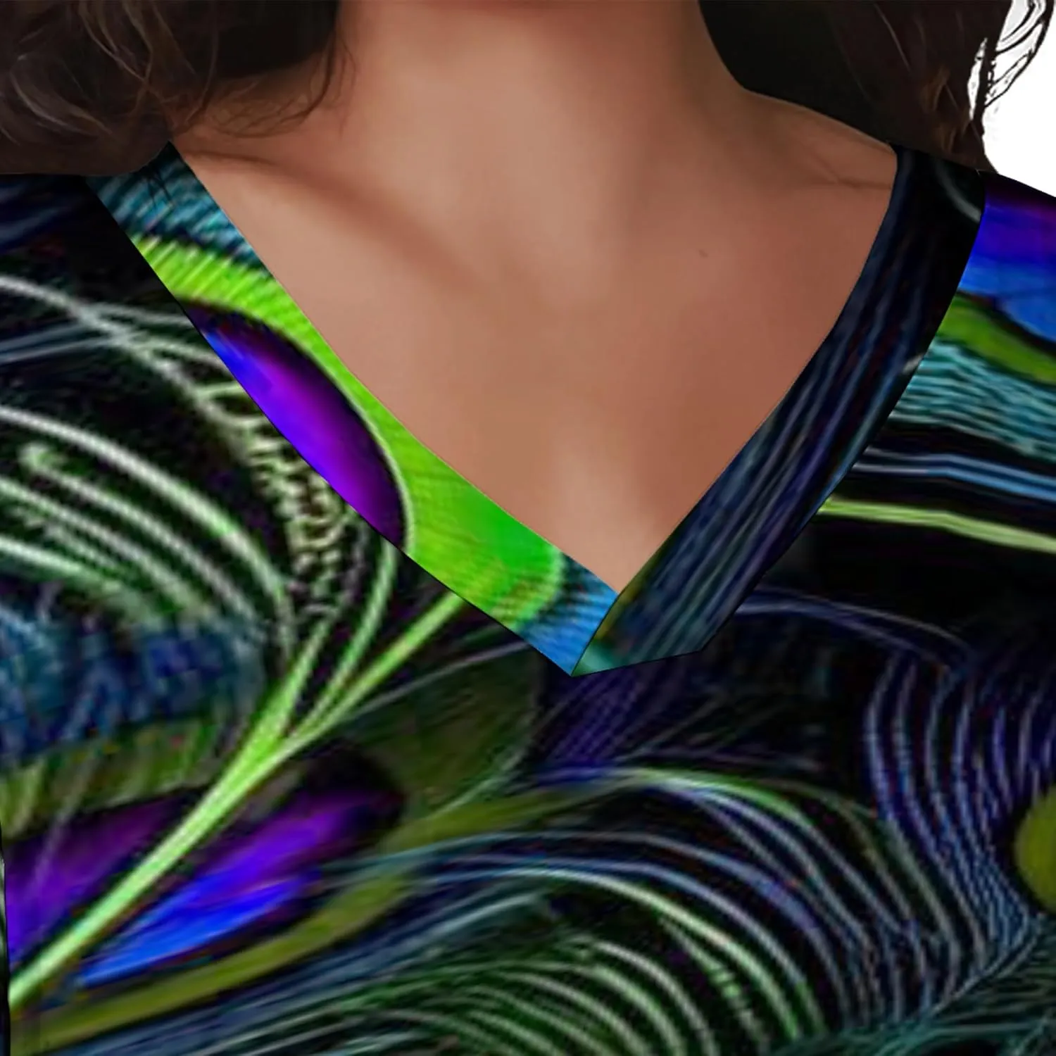 Plus Size Printed Tie-Dye Short Skirt for Curvy Women V Neck Bohemian Style Printed Short Skirt Short Sleeves Pockets