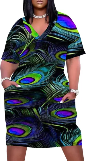 Plus Size Printed Tie-Dye Short Skirt for Curvy Women V Neck Bohemian Style Printed Short Skirt Short Sleeves Pockets
