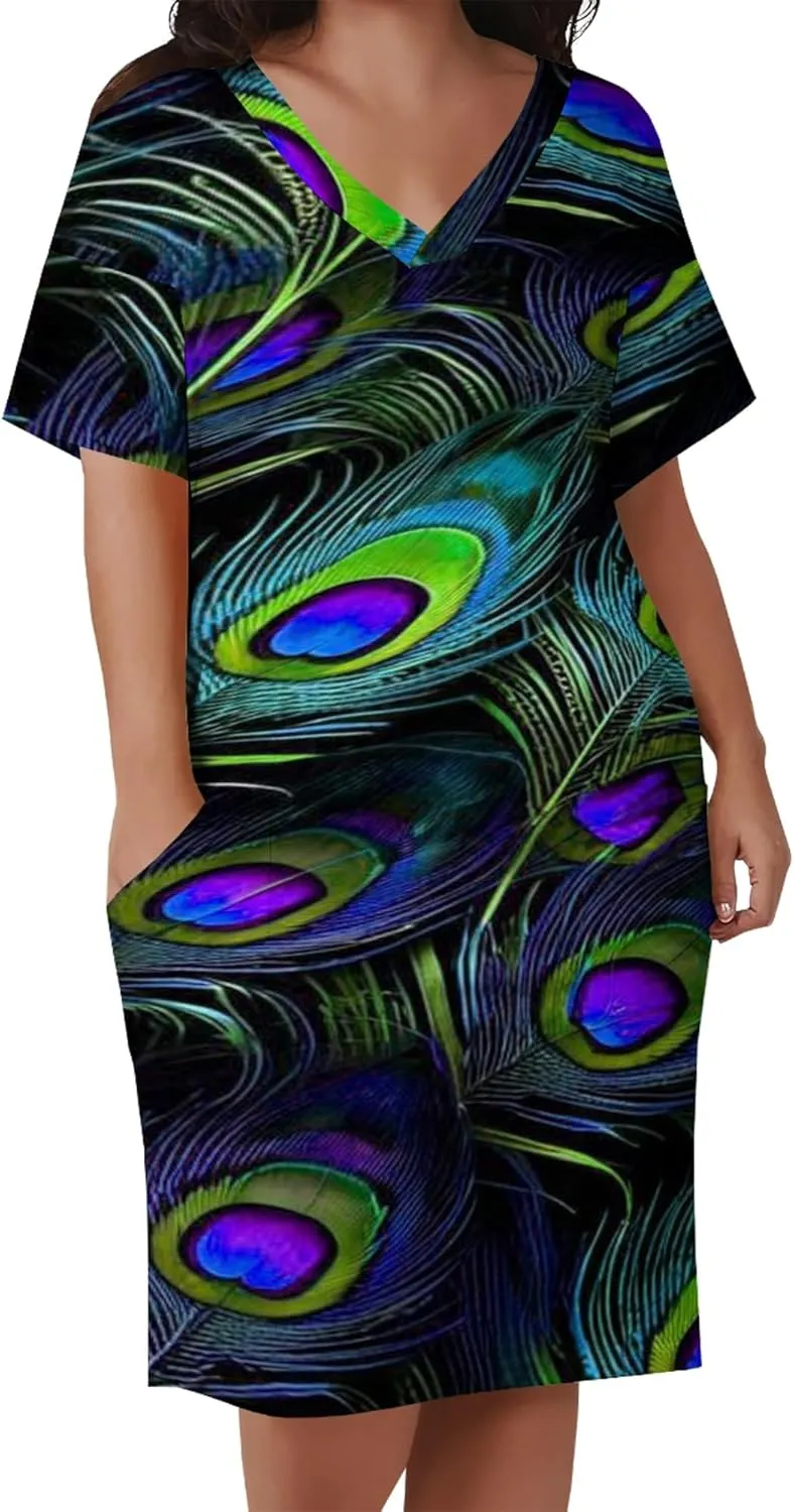 Plus Size Printed Tie-Dye Short Skirt for Curvy Women V Neck Bohemian Style Printed Short Skirt Short Sleeves Pockets