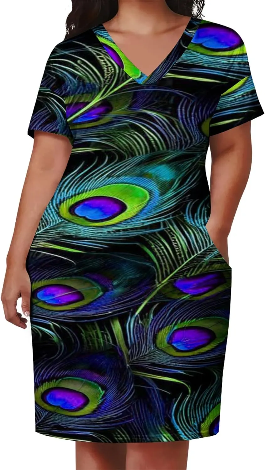 Plus Size Printed Tie-Dye Short Skirt for Curvy Women V Neck Bohemian Style Printed Short Skirt Short Sleeves Pockets