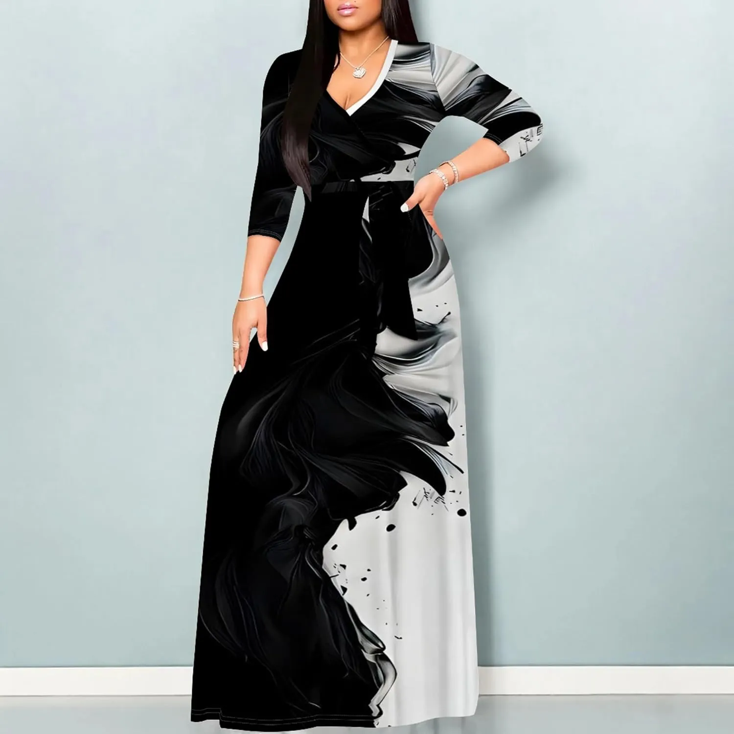 Plus Size Womens Maxi Dress Colorful Smoke Pattern Print Casual Sundress Sexy V Neck Midi Dress 3/4 Sleeves with Belt