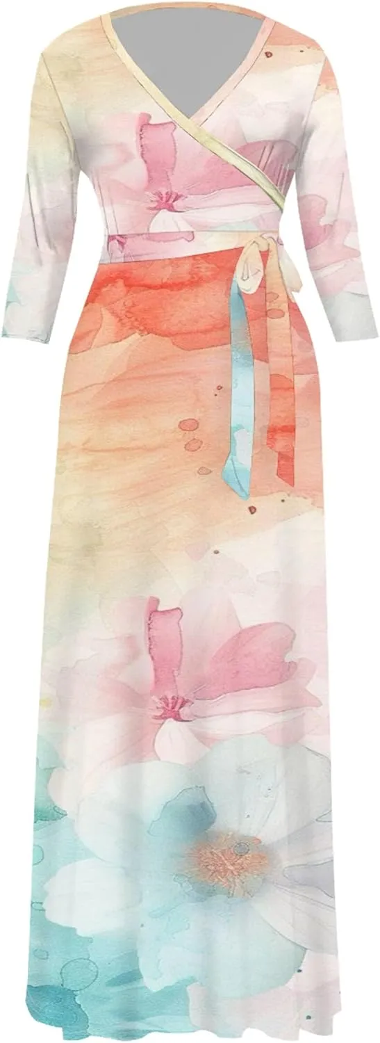 Plus Size Womens Maxi Dress Colorful Smoke Pattern Print Casual Sundress Sexy V Neck Midi Dress 3/4 Sleeves with Belt
