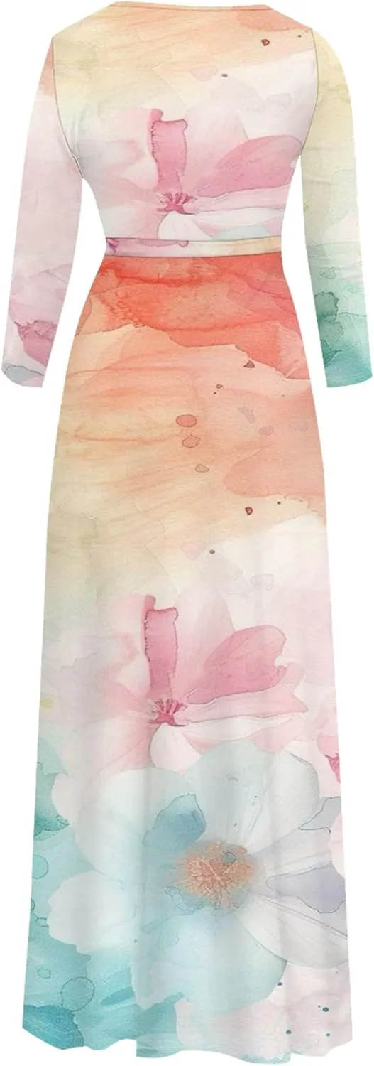 Plus Size Womens Maxi Dress Colorful Smoke Pattern Print Casual Sundress Sexy V Neck Midi Dress 3/4 Sleeves with Belt