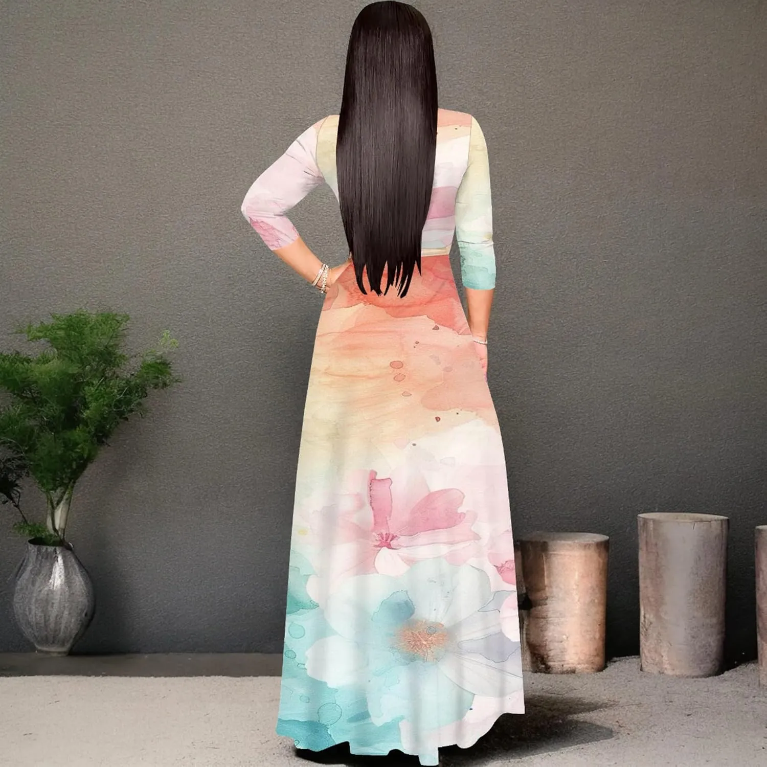 Plus Size Womens Maxi Dress Colorful Smoke Pattern Print Casual Sundress Sexy V Neck Midi Dress 3/4 Sleeves with Belt