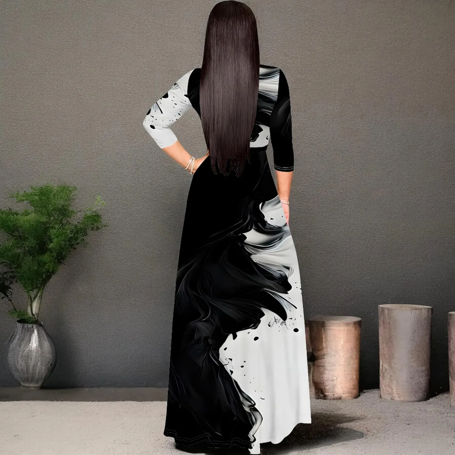 Plus Size Womens Maxi Dress Colorful Smoke Pattern Print Casual Sundress Sexy V Neck Midi Dress 3/4 Sleeves with Belt