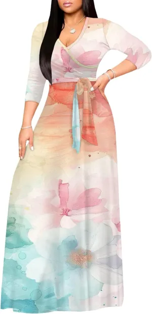 Plus Size Womens Maxi Dress Colorful Smoke Pattern Print Casual Sundress Sexy V Neck Midi Dress 3/4 Sleeves with Belt