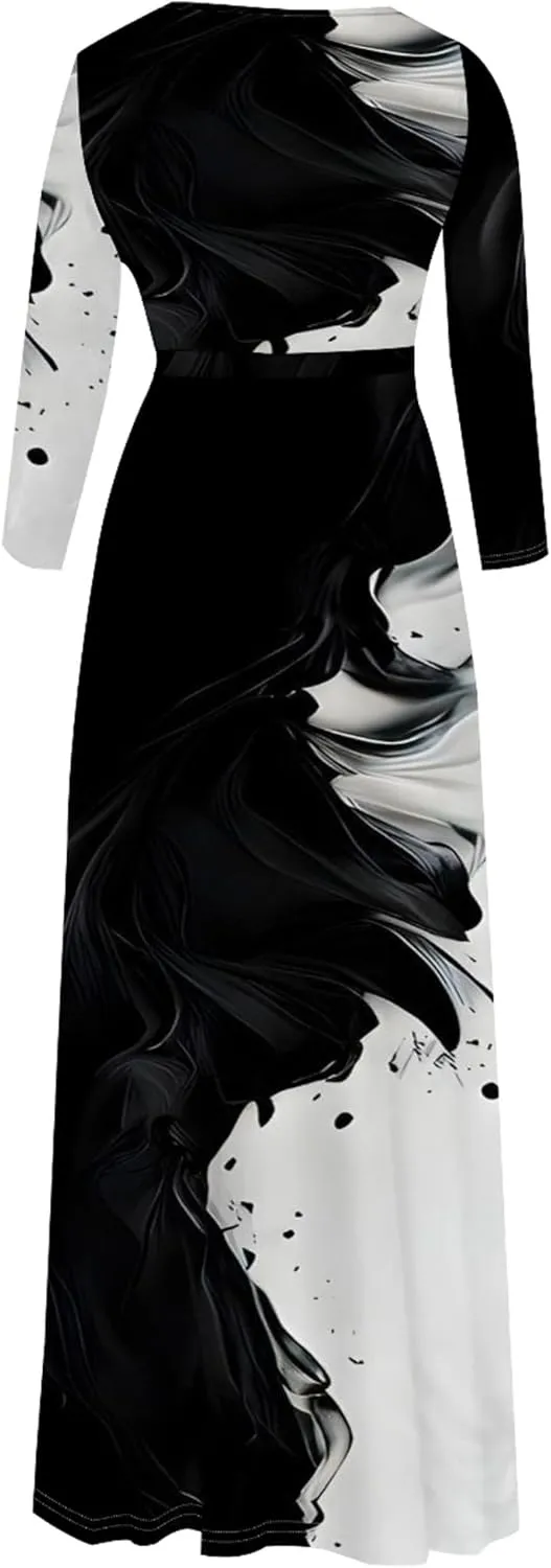 Plus Size Womens Maxi Dress Colorful Smoke Pattern Print Casual Sundress Sexy V Neck Midi Dress 3/4 Sleeves with Belt