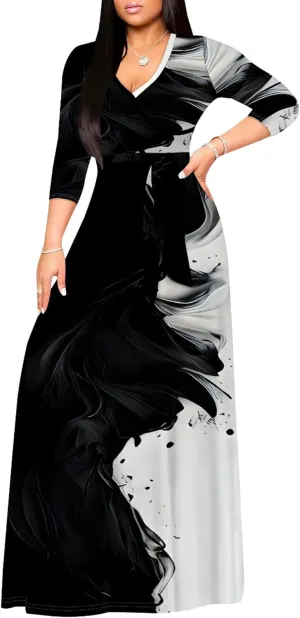 Plus Size Womens Maxi Dress Colorful Smoke Pattern Print Casual Sundress Sexy V Neck Midi Dress 3/4 Sleeves with Belt