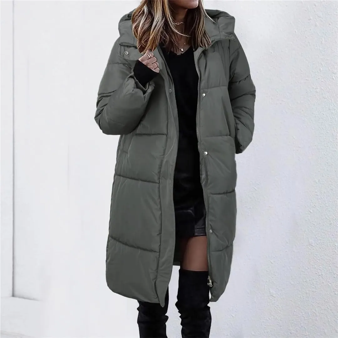 Puffer Coat For Women Thick Down Coat Cotton Padded Long Jacket Overcoat Hooded Loose Parkas