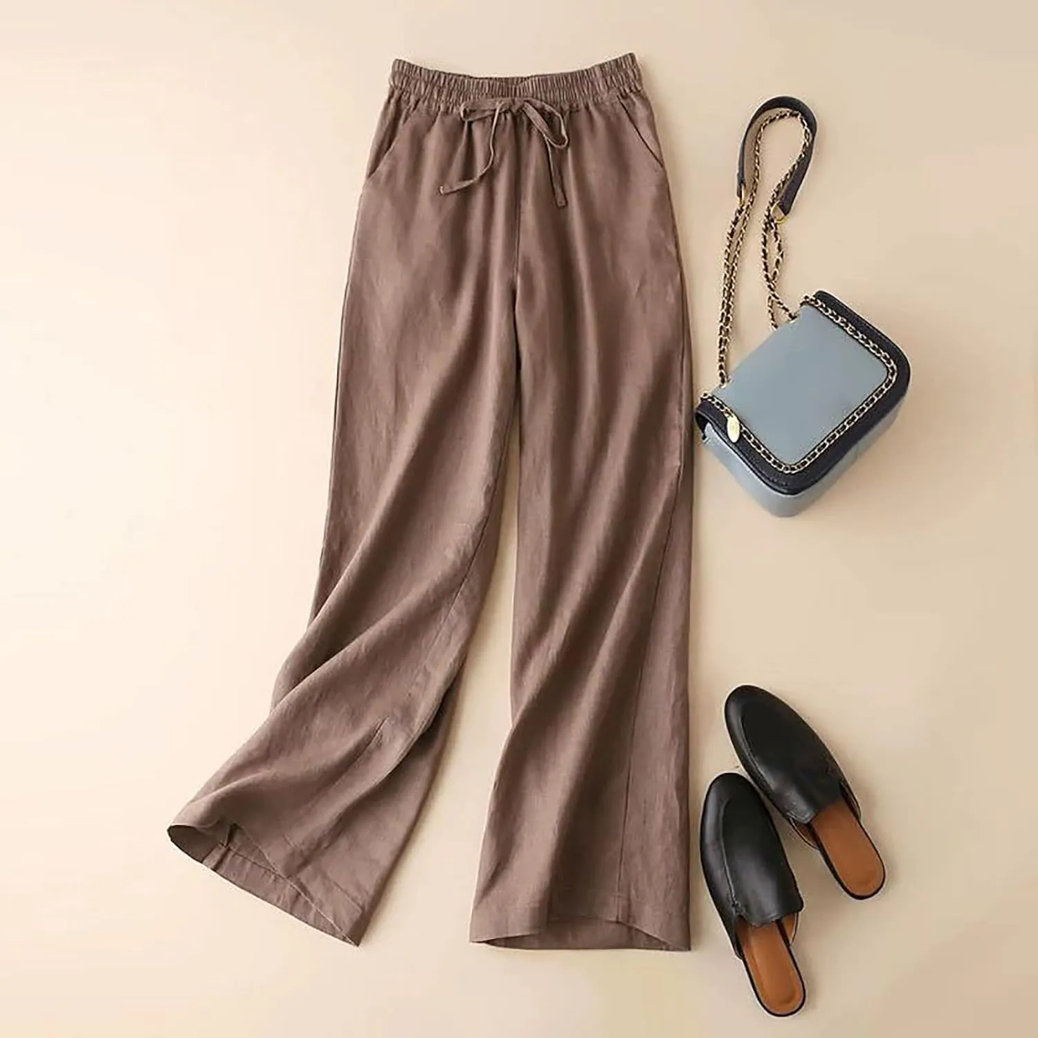 QWENTMTNTY Wide Leg Linen Pants for Women High Waisted Plus Size Casual Summer Pants Drawstring Elastic Straight Leg Pants