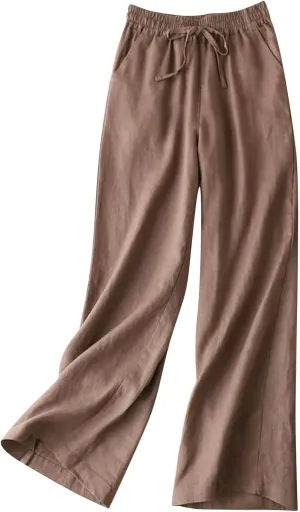 QWENTMTNTY Wide Leg Linen Pants for Women High Waisted Plus Size Casual Summer Pants Drawstring Elastic Straight Leg Pants