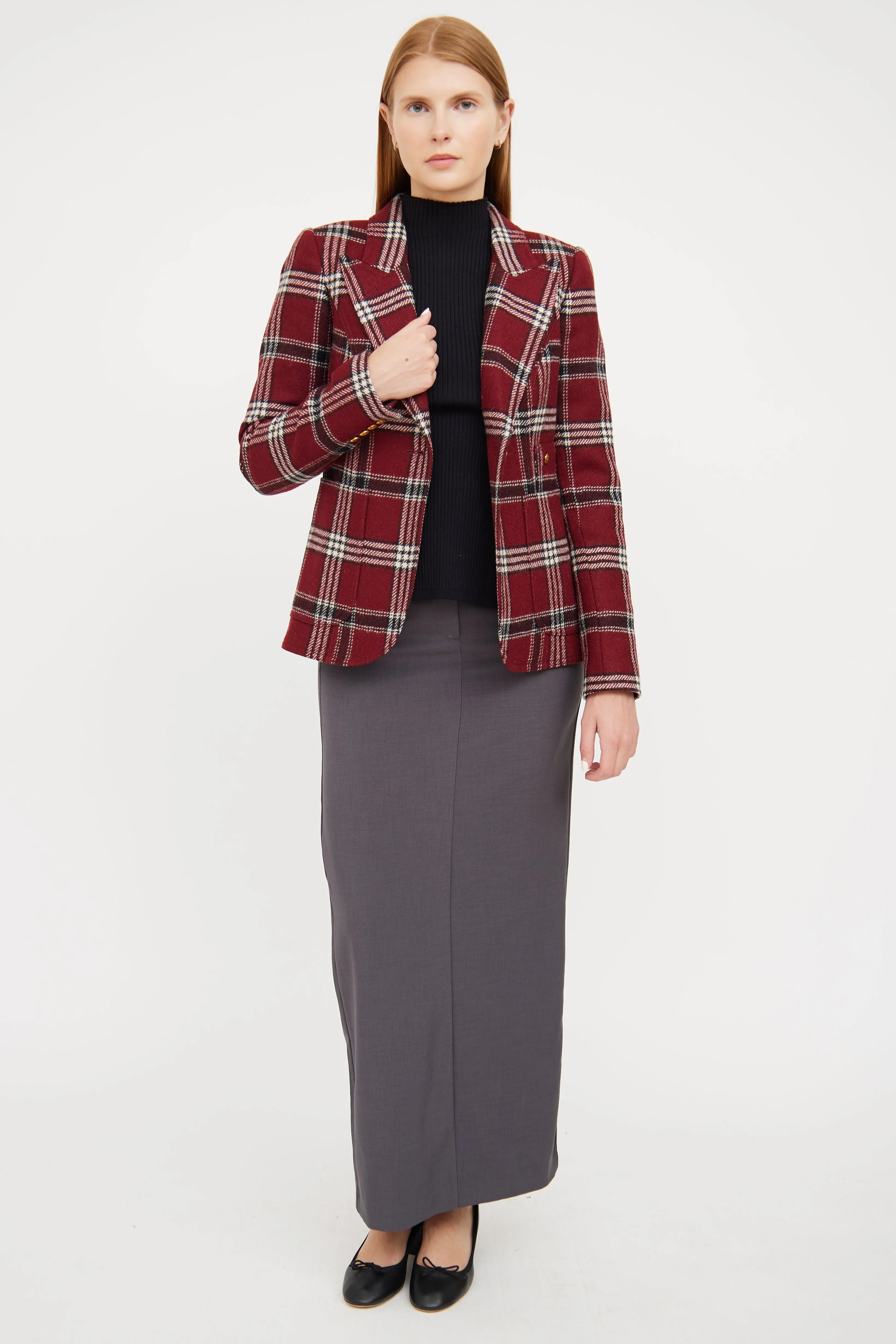Red, White & Black Plaid Wool Blazer