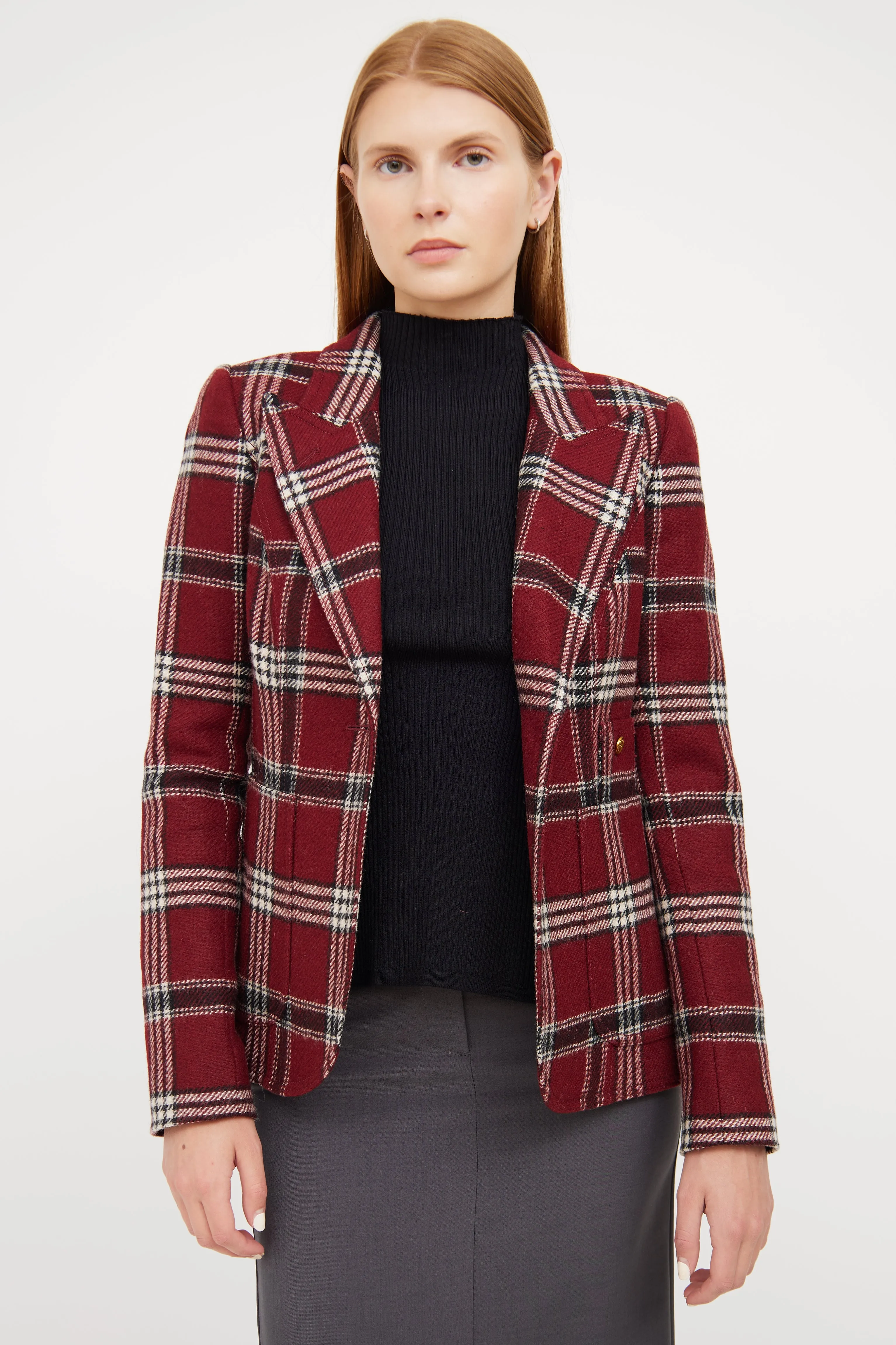 Red, White & Black Plaid Wool Blazer