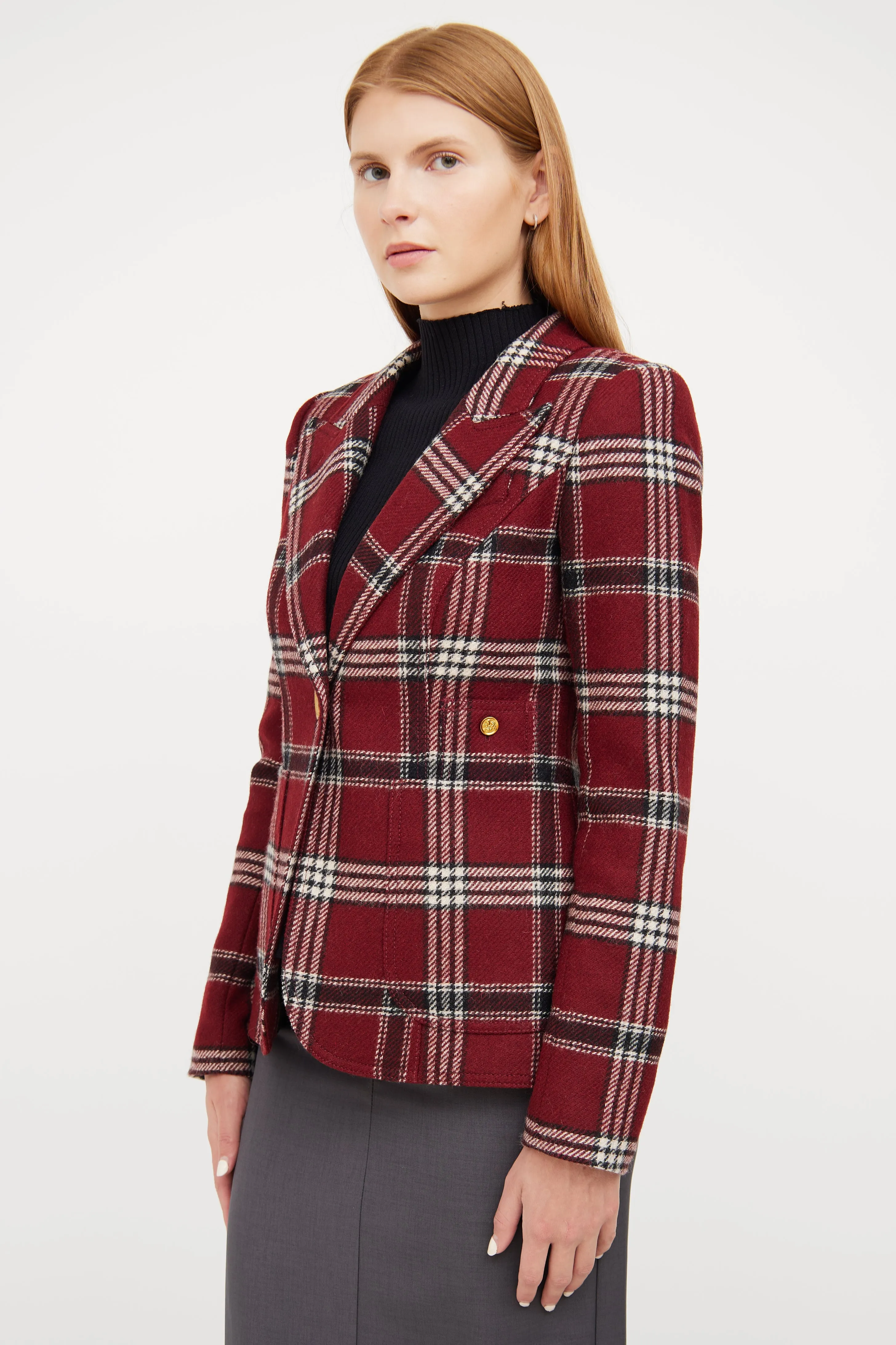 Red, White & Black Plaid Wool Blazer