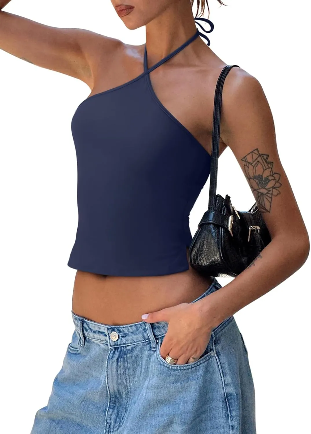 REORIA Womens Camisole Tank Tops Criss Cross Halter Top Double Lined Backless Crop Tops Y2K Vacation Outfits