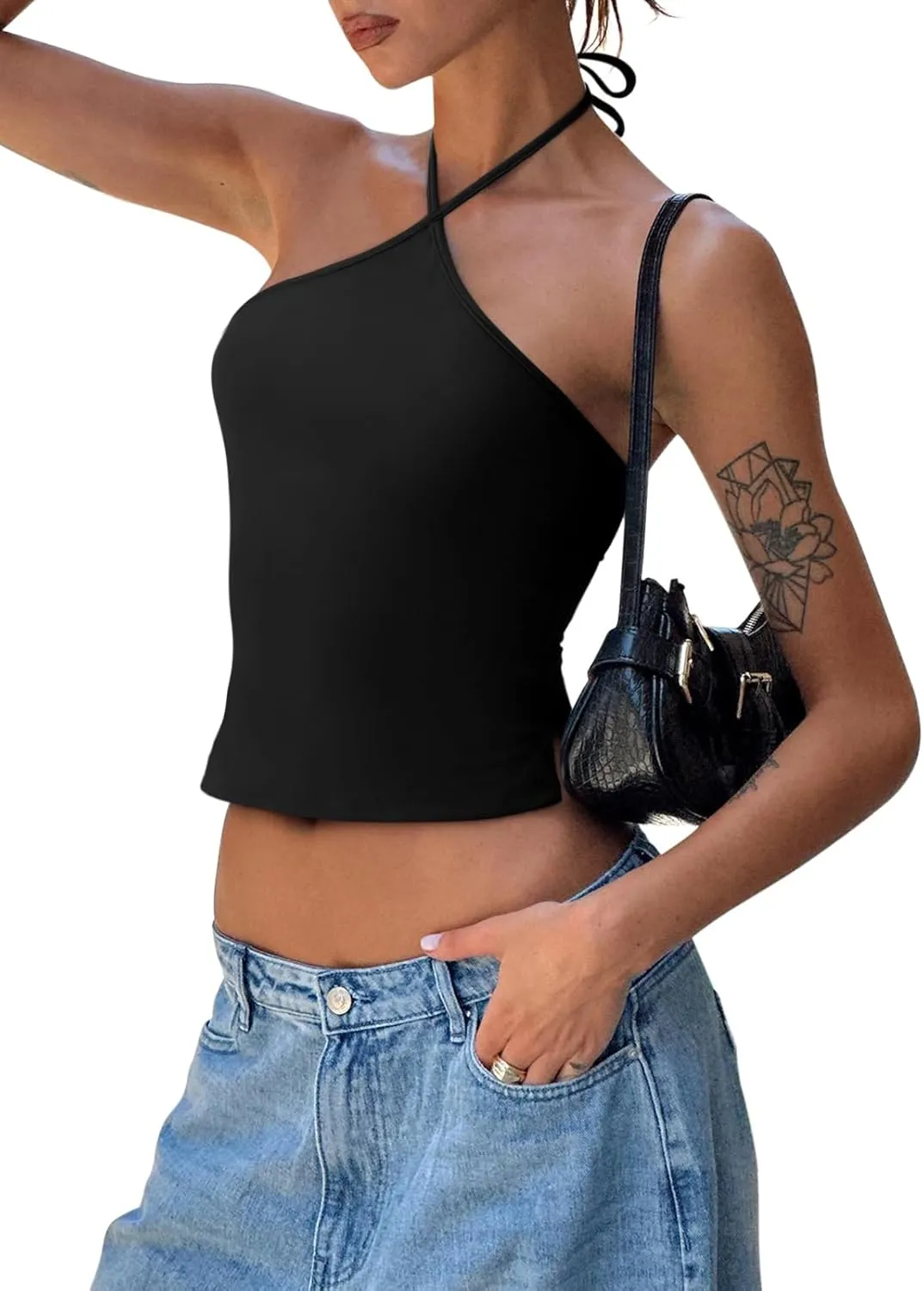 REORIA Womens Camisole Tank Tops Criss Cross Halter Top Double Lined Backless Crop Tops Y2K Vacation Outfits