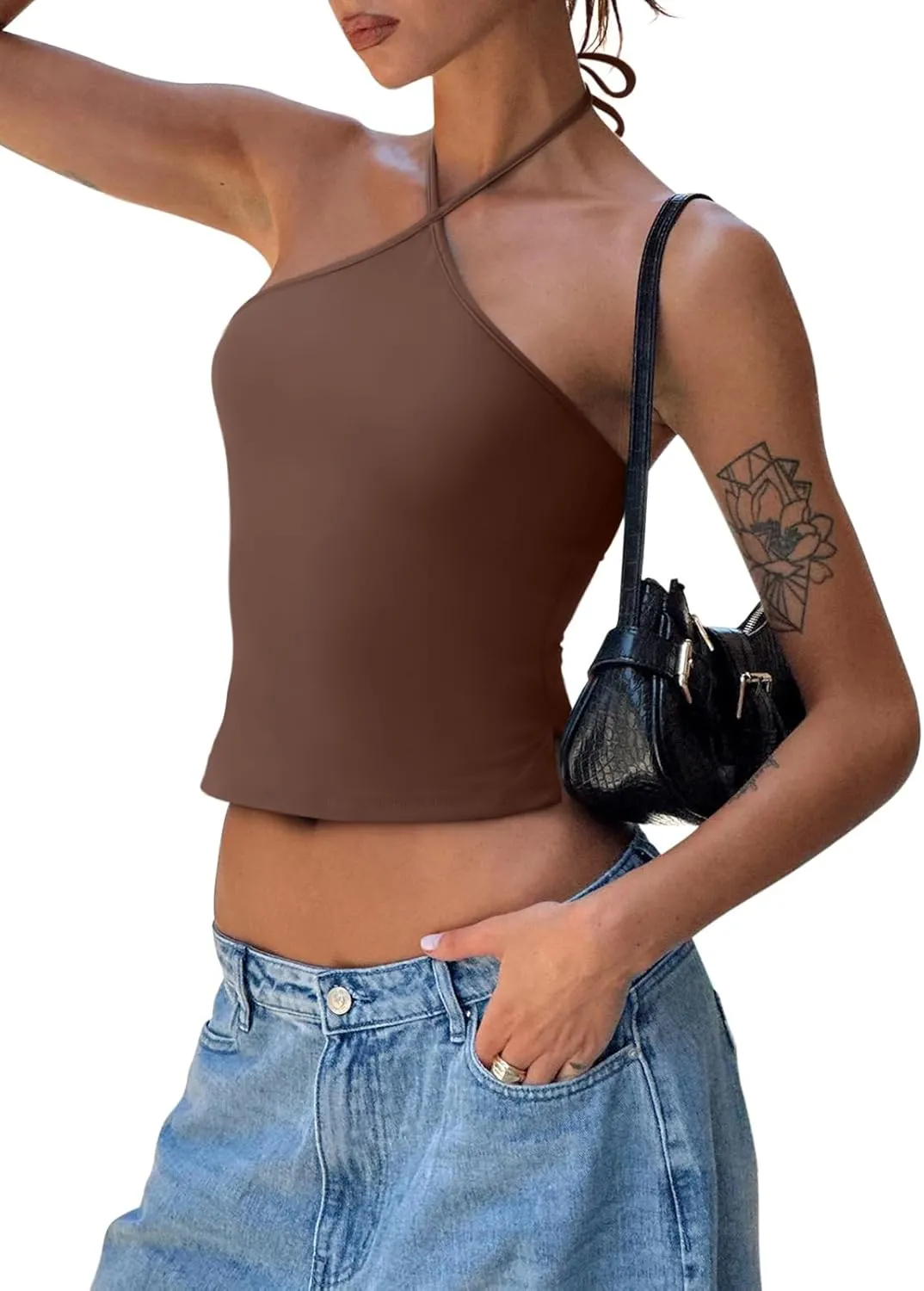 REORIA Womens Camisole Tank Tops Criss Cross Halter Top Double Lined Backless Crop Tops Y2K Vacation Outfits