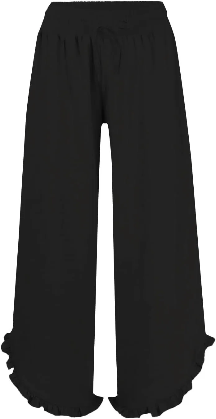 Ruffle Flowy Pants for Women Linen Pants Wide Leg High Waisted Summer Beach Cropped Lightweight Trousers