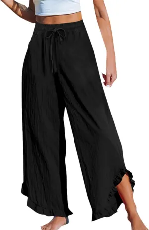 Ruffle Flowy Pants for Women Linen Pants Wide Leg High Waisted Summer Beach Cropped Lightweight Trousers