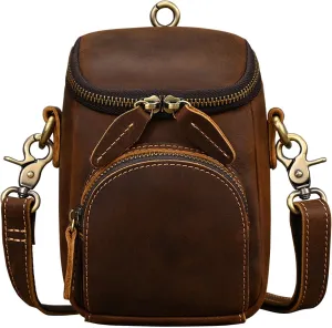 Rugged Shoulder Bag for Men, Mini Crossbody Bag, Genuine Leather Waist Pack, Compact Phone Purse, Brass Hardware