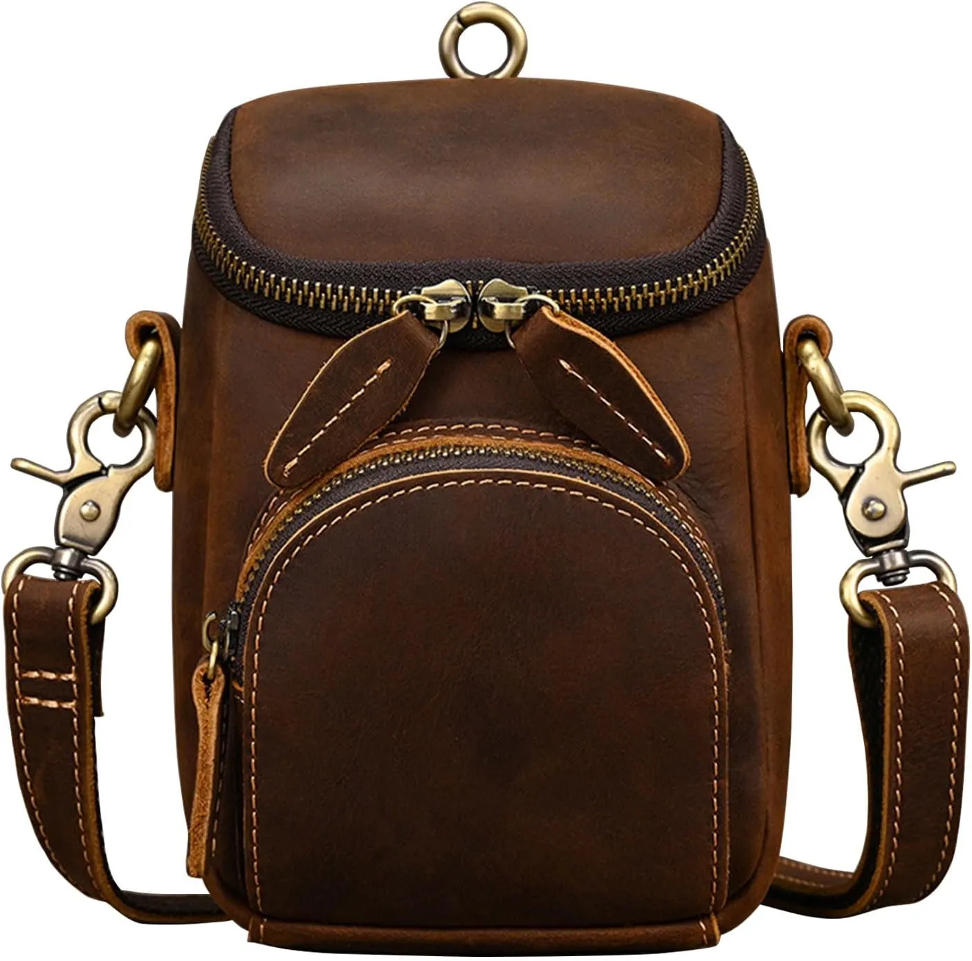 Rugged Shoulder Bag for Men, Mini Crossbody Bag, Genuine Leather Waist Pack, Compact Phone Purse, Brass Hardware