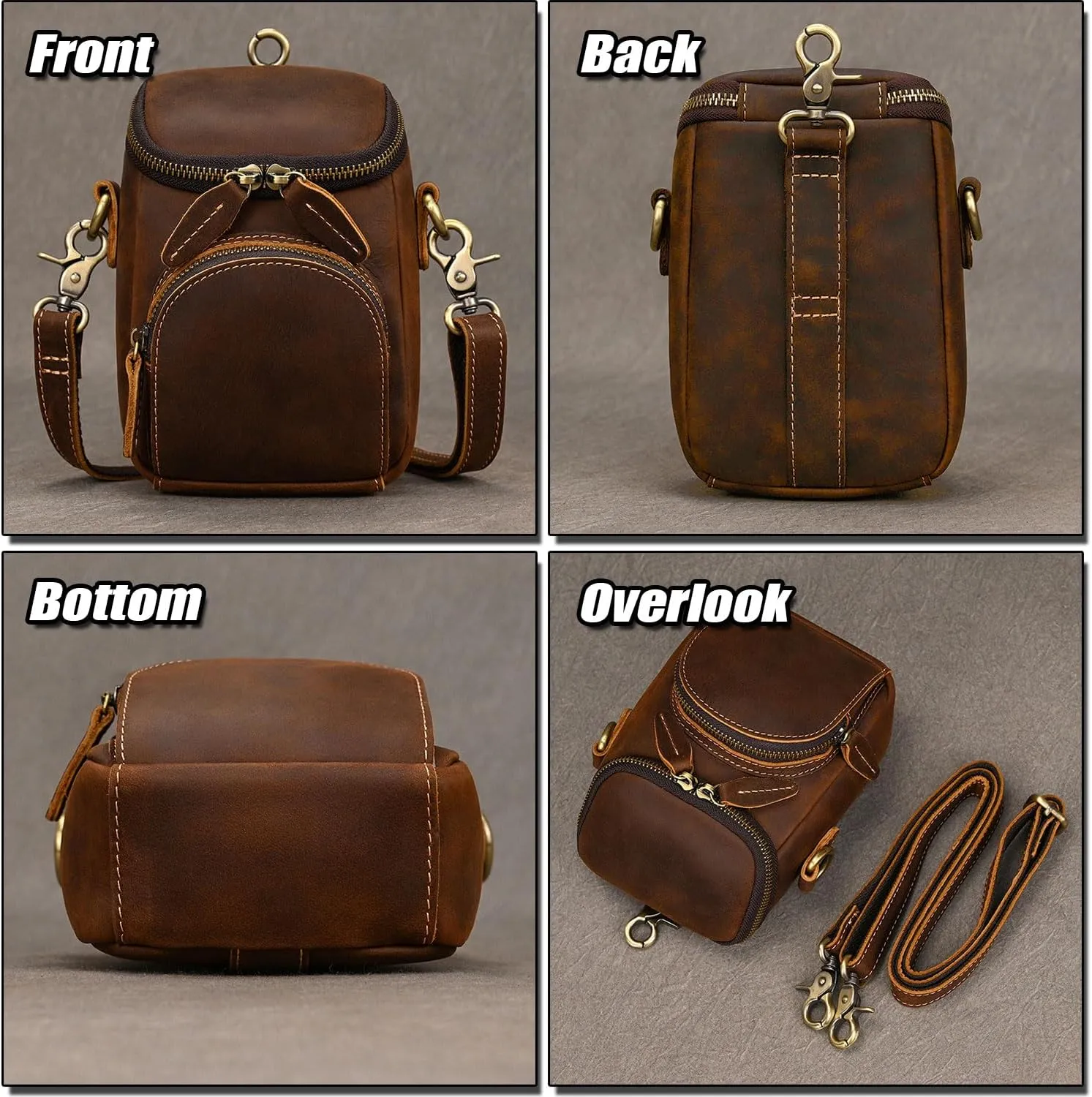 Rugged Shoulder Bag for Men, Mini Crossbody Bag, Genuine Leather Waist Pack, Compact Phone Purse, Brass Hardware