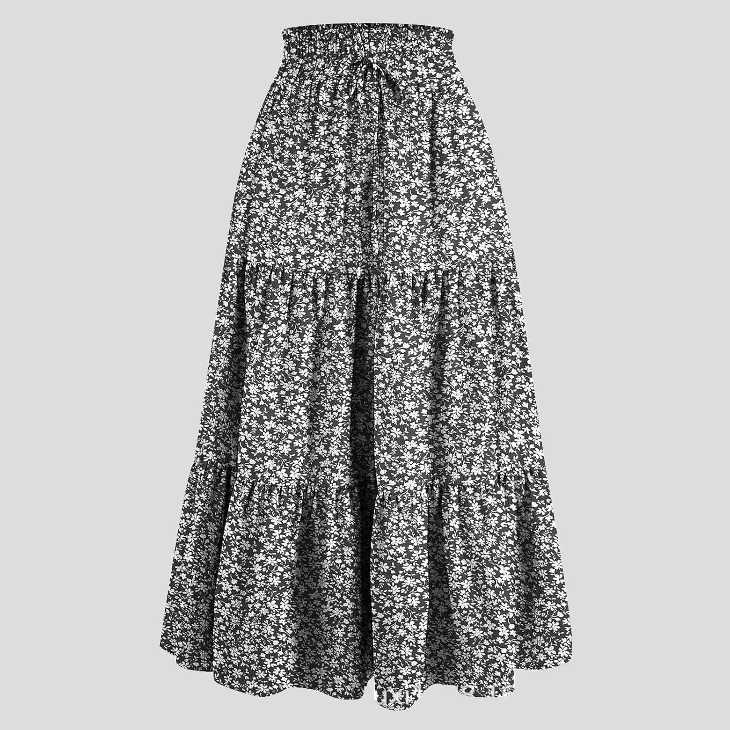Rvidbe Women's Summer Casual Maxi Skirt Pleated A-Line Flowy Ruffle Tiered Elastic High Waist Vacation Beach Long Skirts