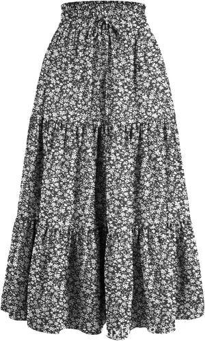 Rvidbe Women's Summer Casual Maxi Skirt Pleated A-Line Flowy Ruffle Tiered Elastic High Waist Vacation Beach Long Skirts