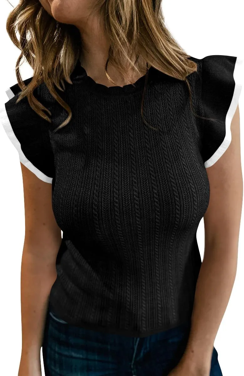 Saodimallsu Womens Summer Sleeveless Sweaters Vest Slimming Crewneck Cable Knit Ruffle Sweater Tank Tops Casual Work Tops