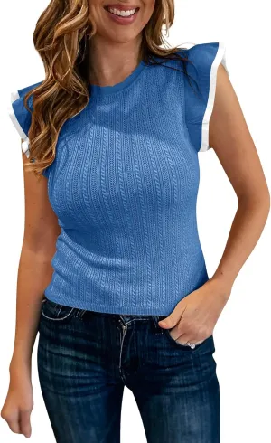 Saodimallsu Womens Summer Sleeveless Sweaters Vest Slimming Crewneck Cable Knit Ruffle Sweater Tank Tops Casual Work Tops