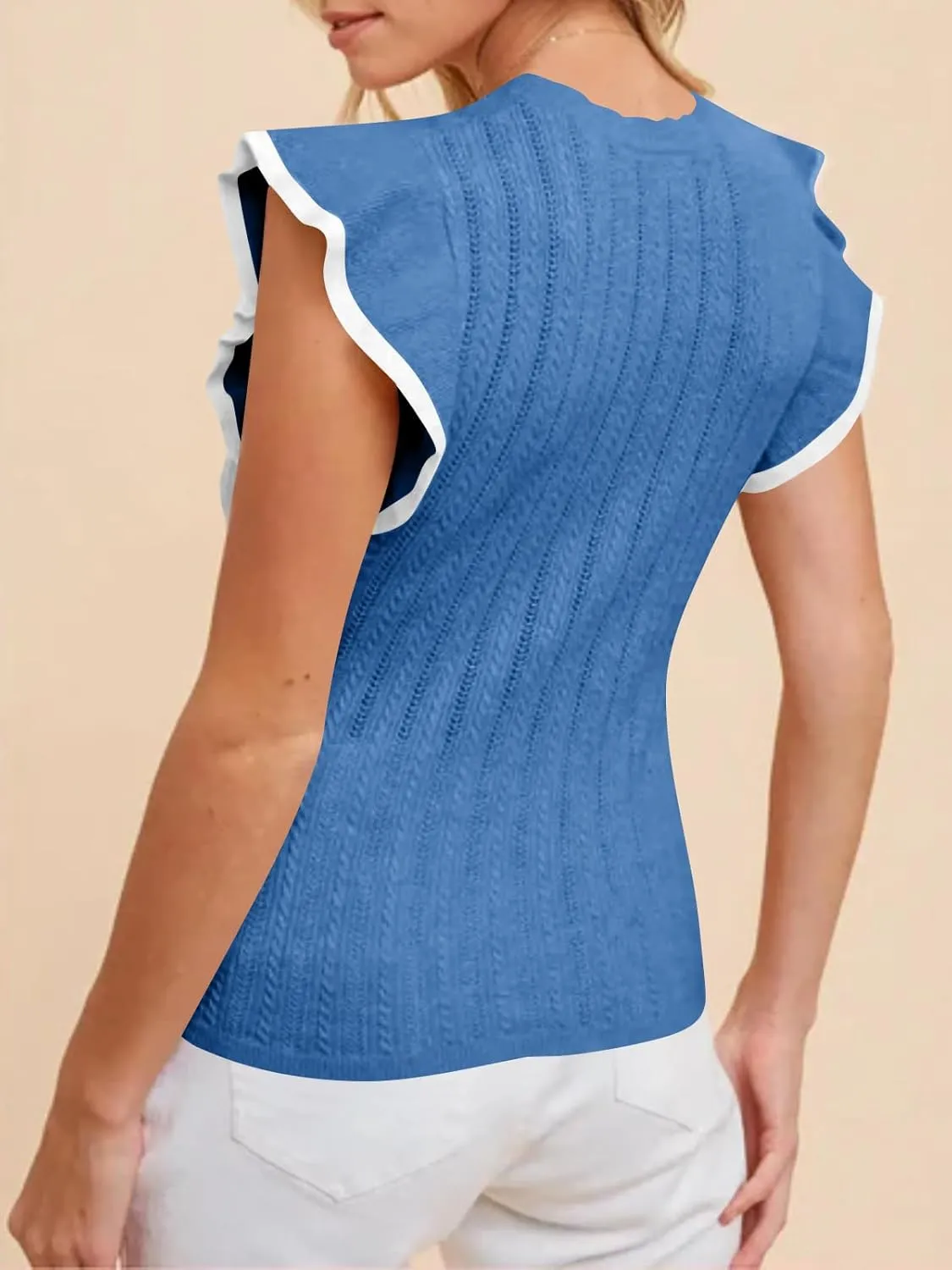 Saodimallsu Womens Summer Sleeveless Sweaters Vest Slimming Crewneck Cable Knit Ruffle Sweater Tank Tops Casual Work Tops
