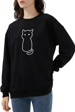 SDEER Women's Cute Cat Print Sweatshirt Long Sleeve Crewneck Oversized Pullover Lightweight Hoodie Shirt Tops