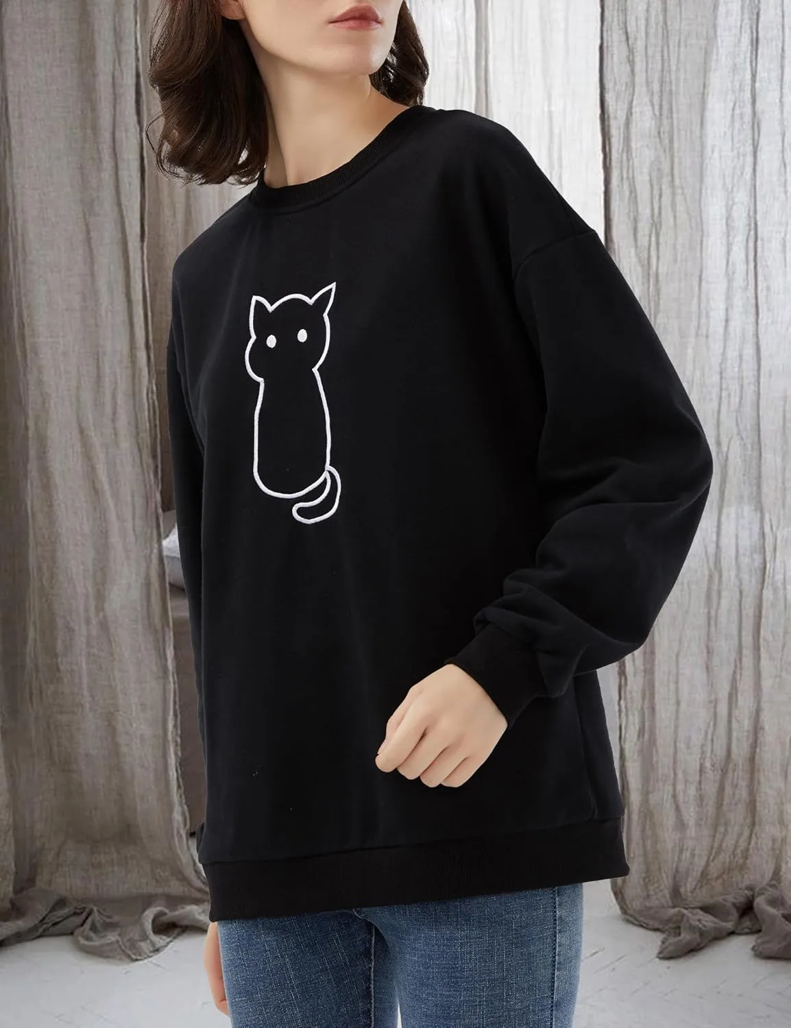 SDEER Women's Cute Cat Print Sweatshirt Long Sleeve Crewneck Oversized Pullover Lightweight Hoodie Shirt Tops
