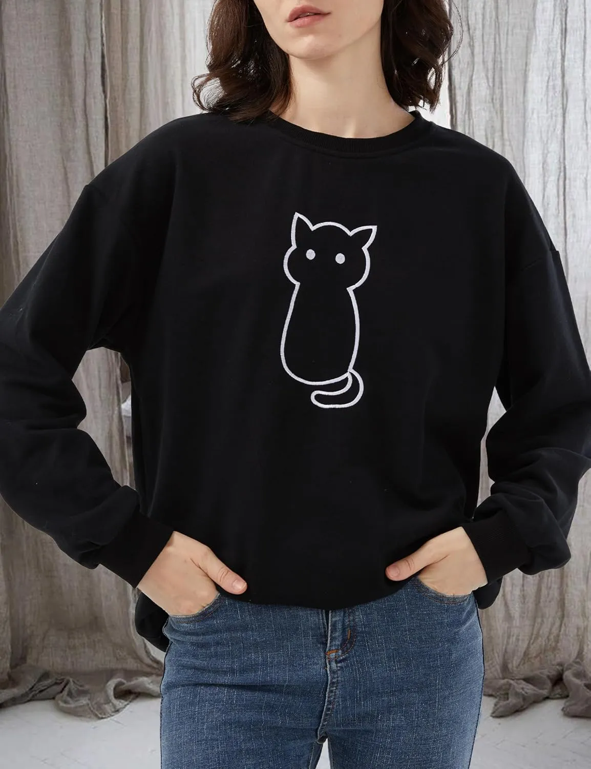SDEER Women's Cute Cat Print Sweatshirt Long Sleeve Crewneck Oversized Pullover Lightweight Hoodie Shirt Tops