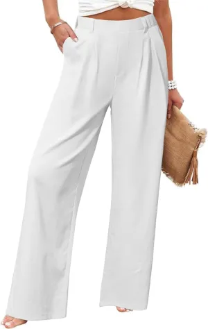 SEMARO Womens Casual High Waisted Linen Pants Wide Leg Lounge Palazzo Trousers Beach Outfits with Pockets White
