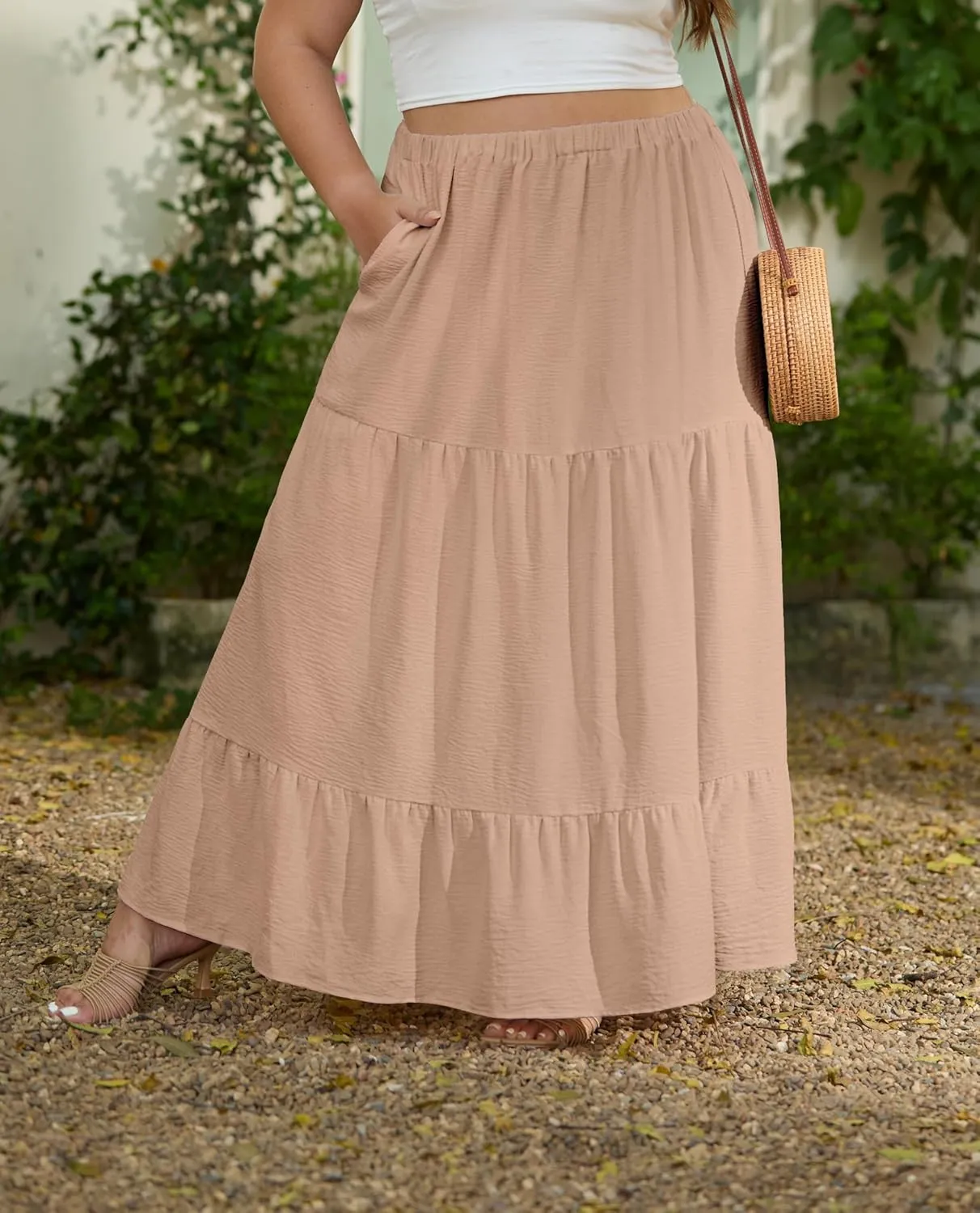 SHIJIALI Women's Plus Size Casual Boho High Waisted Flowy Maxi Skirts Trendy Floral Pleated Long Skirts with Pockets