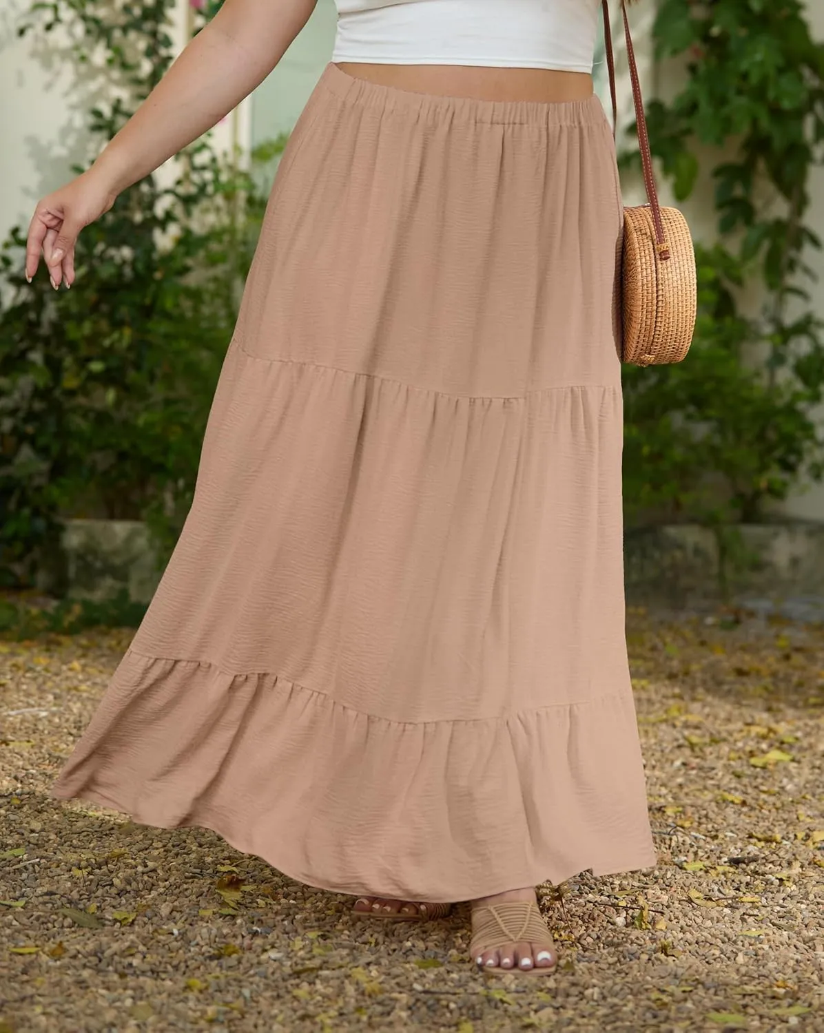 SHIJIALI Women's Plus Size Casual Boho High Waisted Flowy Maxi Skirts Trendy Floral Pleated Long Skirts with Pockets