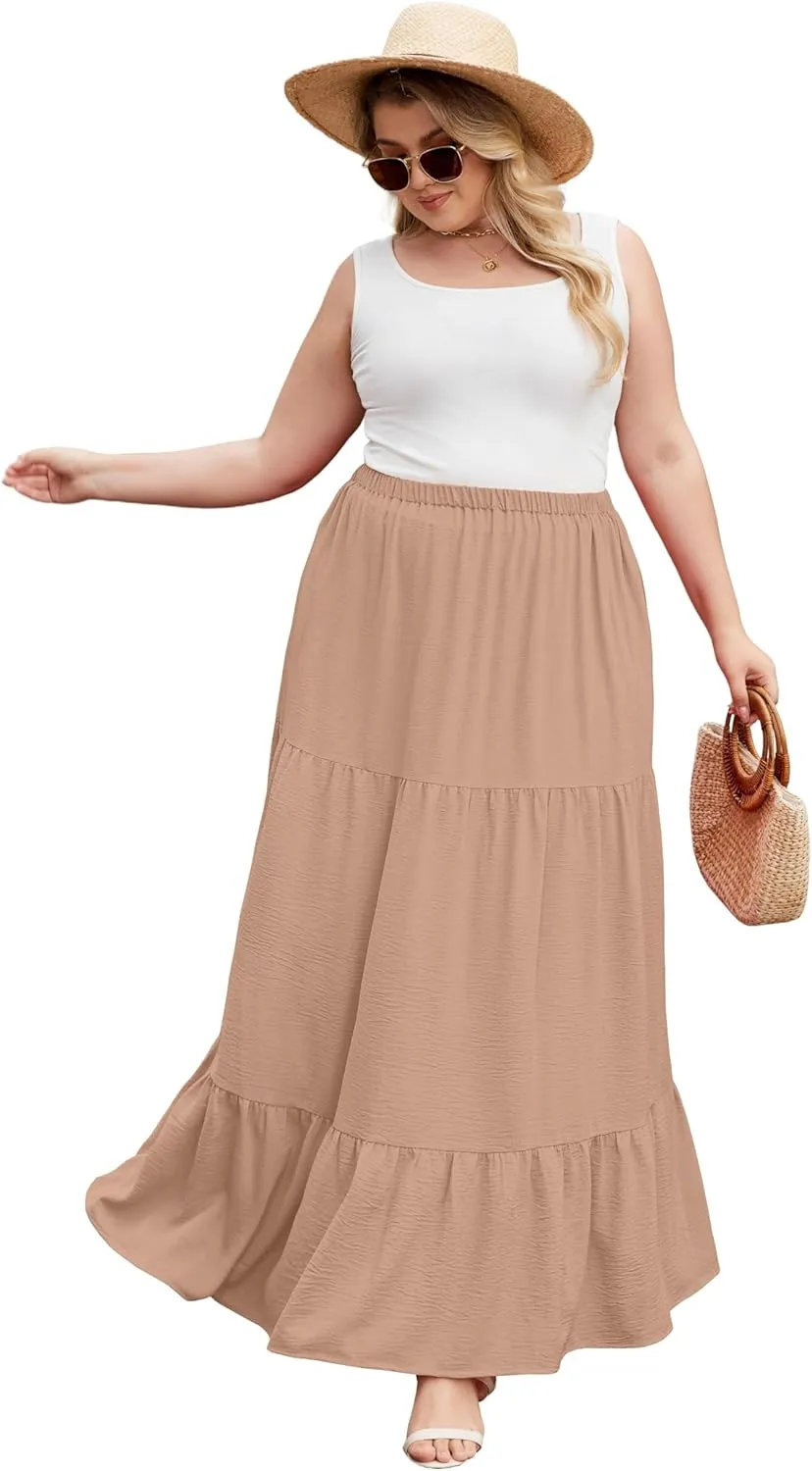 SHIJIALI Women's Plus Size Casual Boho High Waisted Flowy Maxi Skirts Trendy Floral Pleated Long Skirts with Pockets