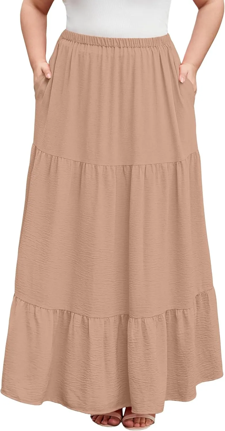 SHIJIALI Women's Plus Size Casual Boho High Waisted Flowy Maxi Skirts Trendy Floral Pleated Long Skirts with Pockets