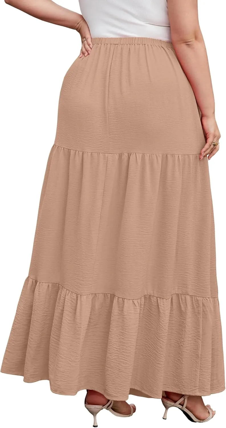 SHIJIALI Women's Plus Size Casual Boho High Waisted Flowy Maxi Skirts Trendy Floral Pleated Long Skirts with Pockets