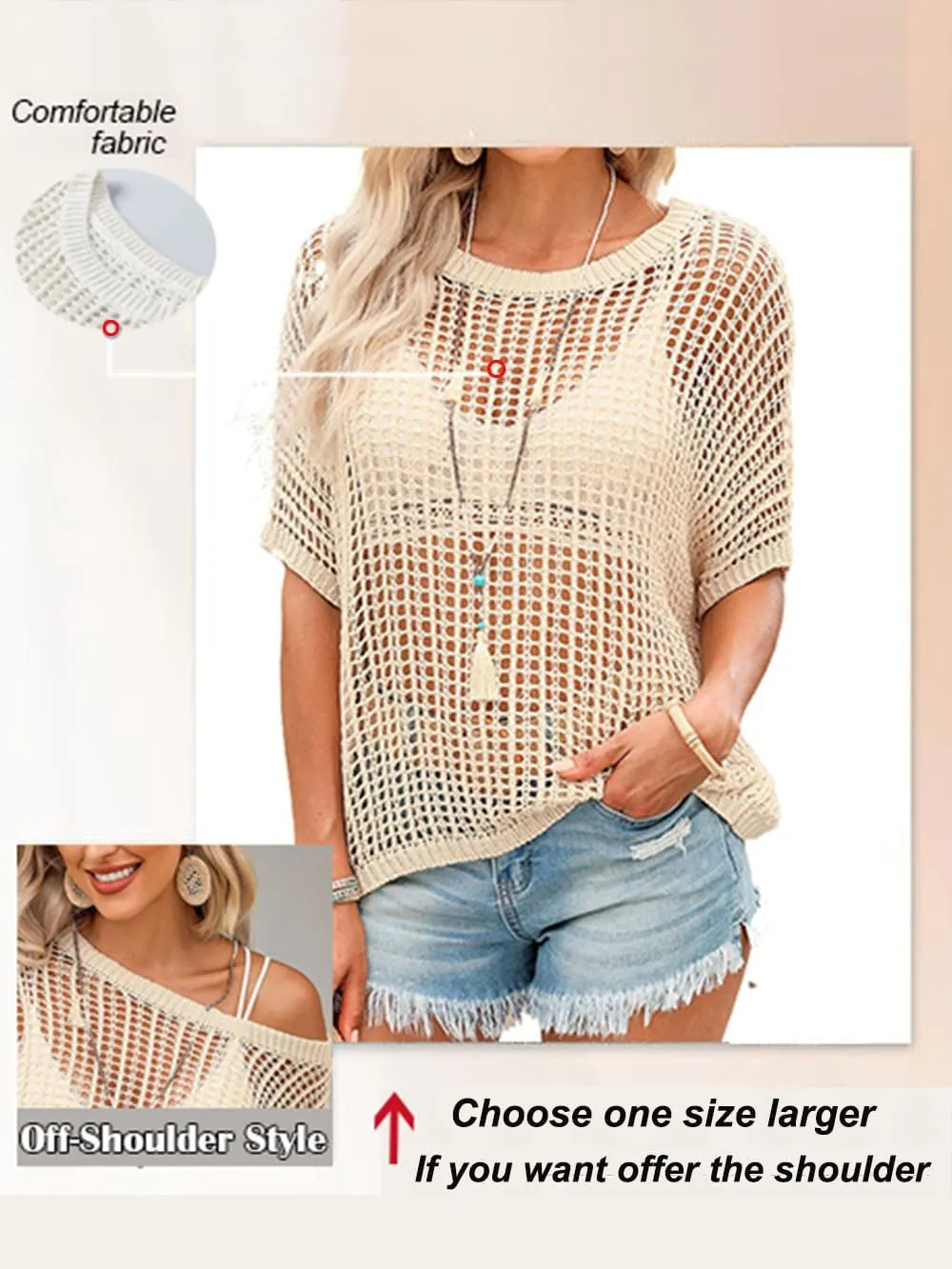 Short Sleeve Crochet Sweater Casual Beach Cover up Off Shoulder Summer Tops Loose Hollow Out Knit Tops Crewneck Pullover