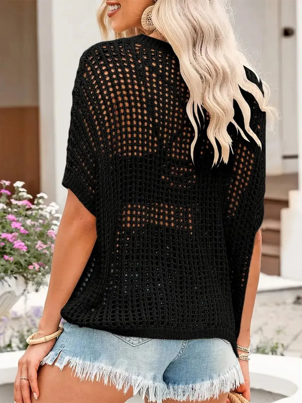 Short Sleeve Crochet Sweater Casual Beach Cover up Off Shoulder Summer Tops Loose Hollow Out Knit Tops Crewneck Pullover