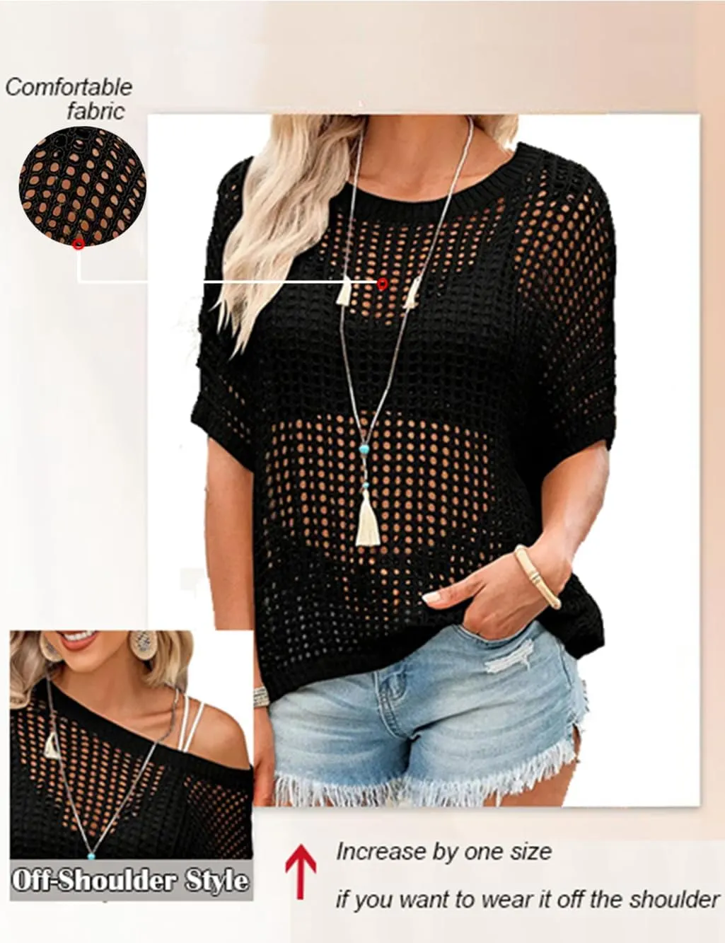 Short Sleeve Crochet Sweater Casual Beach Cover up Off Shoulder Summer Tops Loose Hollow Out Knit Tops Crewneck Pullover