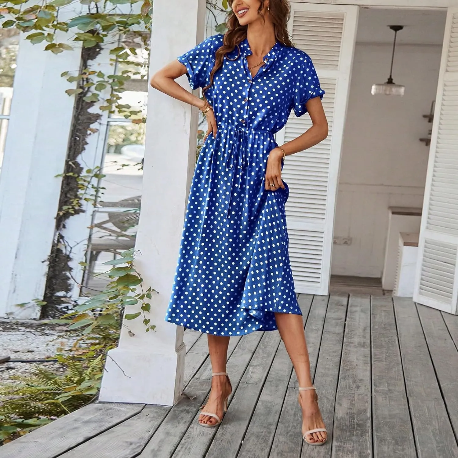 Short Sleeve Dress for Women V Neck Polka dot Button Midi Dresses Elastic Waist Summer Dressy Casual Work Dresses