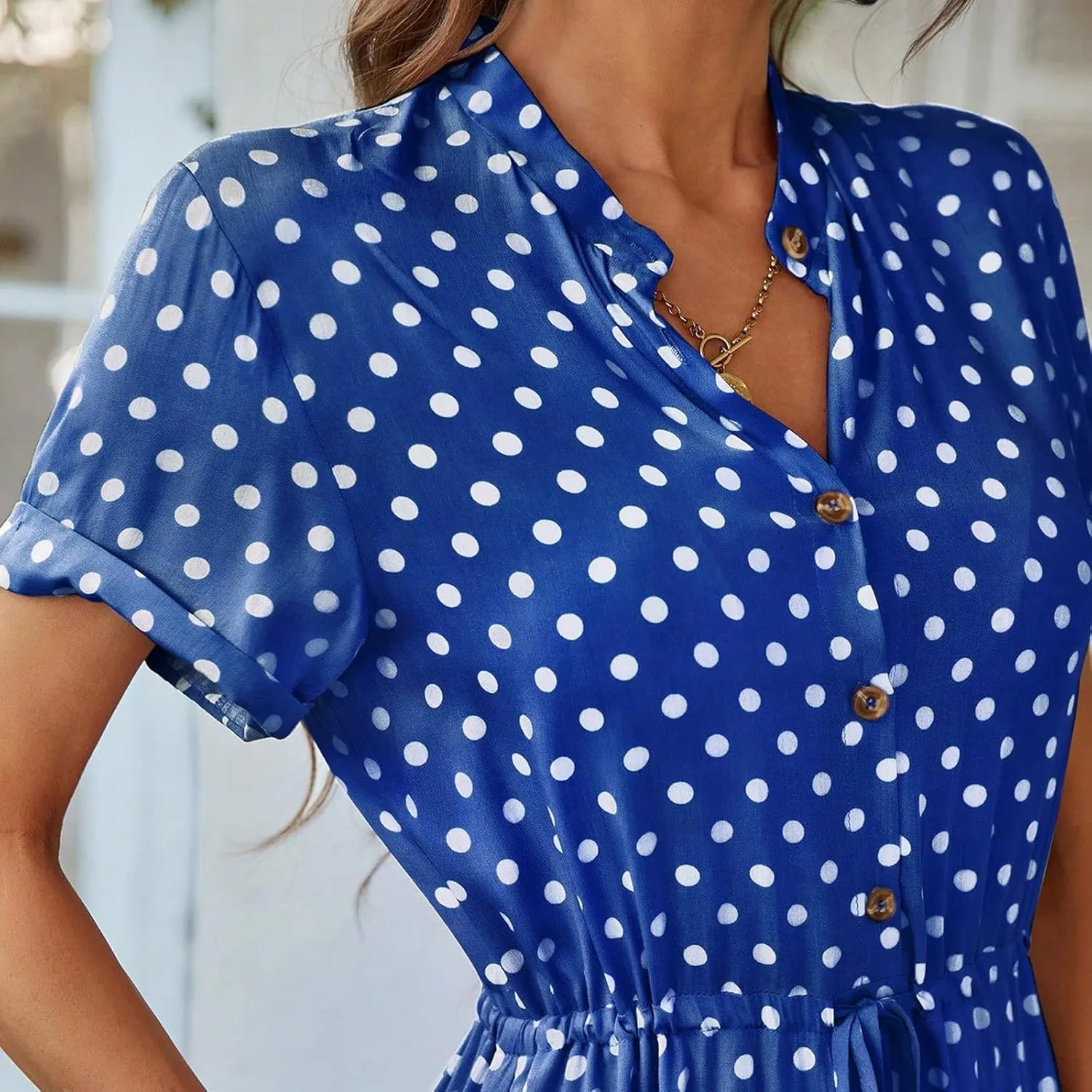 Short Sleeve Dress for Women V Neck Polka dot Button Midi Dresses Elastic Waist Summer Dressy Casual Work Dresses