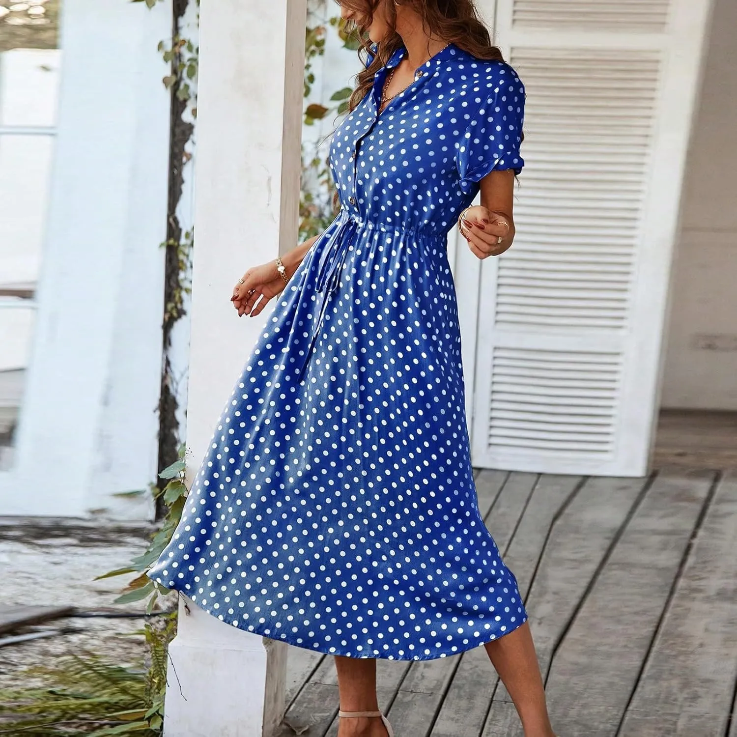 Short Sleeve Dress for Women V Neck Polka dot Button Midi Dresses Elastic Waist Summer Dressy Casual Work Dresses